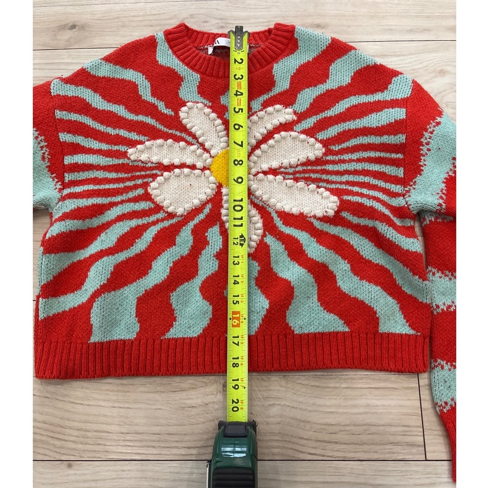 Zara Red Mint Green Daisy Sunburst Jacquard Knit Cropped Sweater Small - Picture 5 of 6